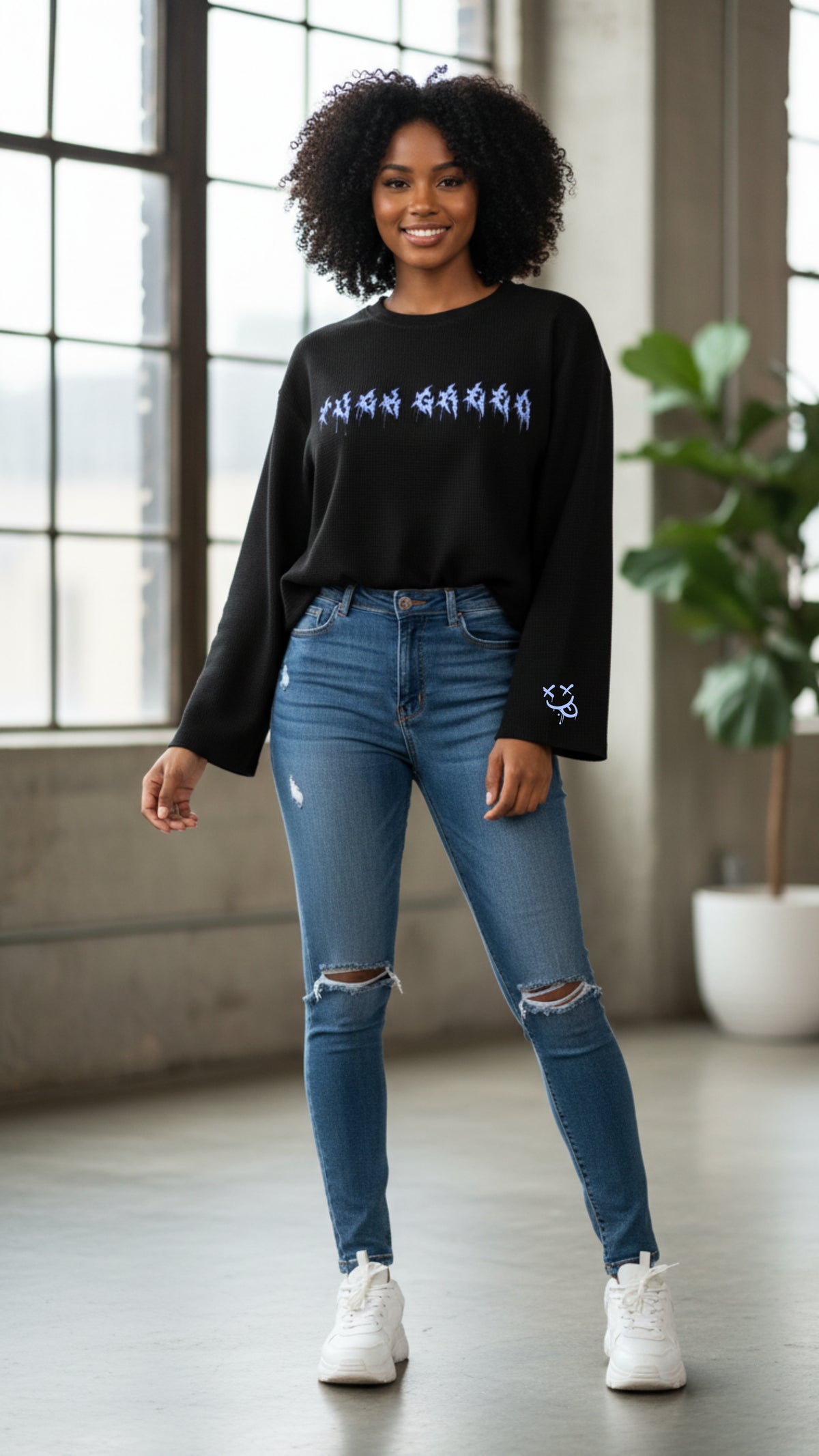 Johnna Noel F Greed Unisex Waffle Knit Cotton Blend Long Sleeve Shirt